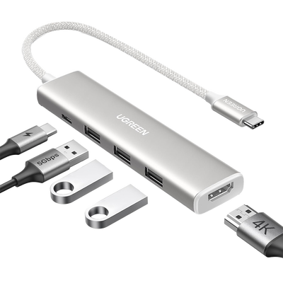 [N4-35580-232200] HUB USB-C (Docking Revodok) 5 en 1 | HDMI 2.0 4K@30Hz | 3 USB-A 3.0 (5Gbps) | USB-C PD Carga 100W | Chip de Última Generación | Cable de Nylon Trenzado de 25 cm | Carcasa de Aluminio | Color Blanco.